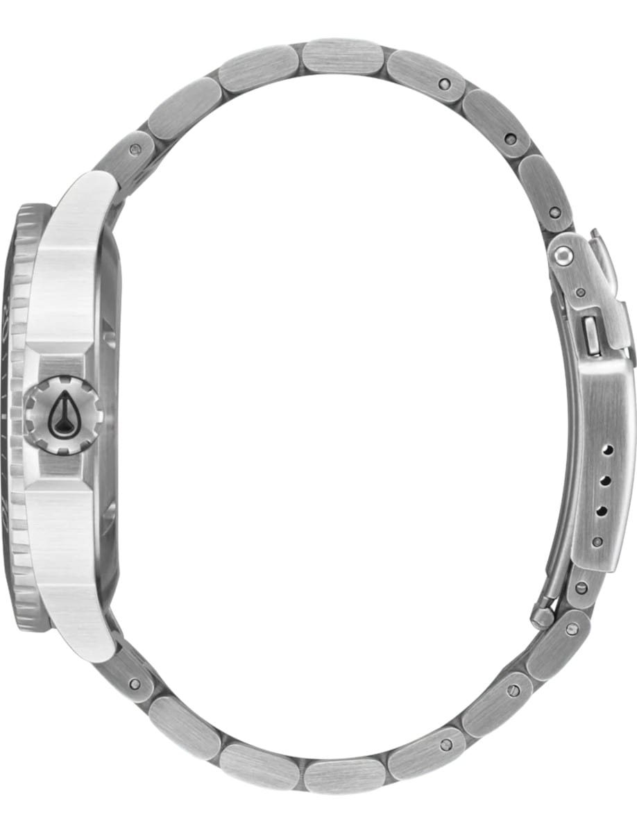 Side view of Nixon wristwatch with stainless steel case and bracelet.