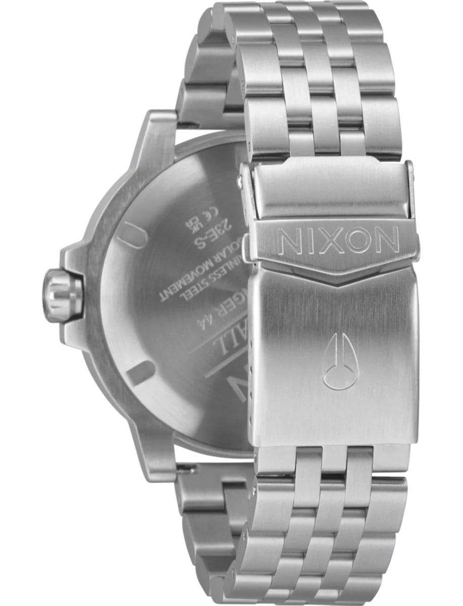 Back view of Nixon wristwatch with stainless steel case and bracelet.