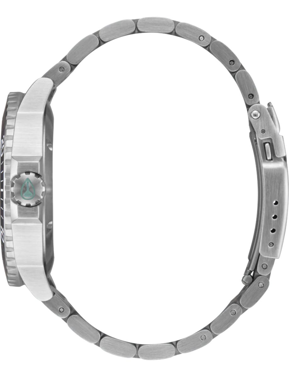 Side view of Nixon wristwatch with stainless steel case and bracelet.