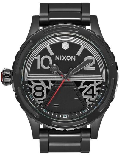 Nixon wristwatch featured in black PVD stainless steel, automatic movement, black dial, black PVD stainless steel bracelet.