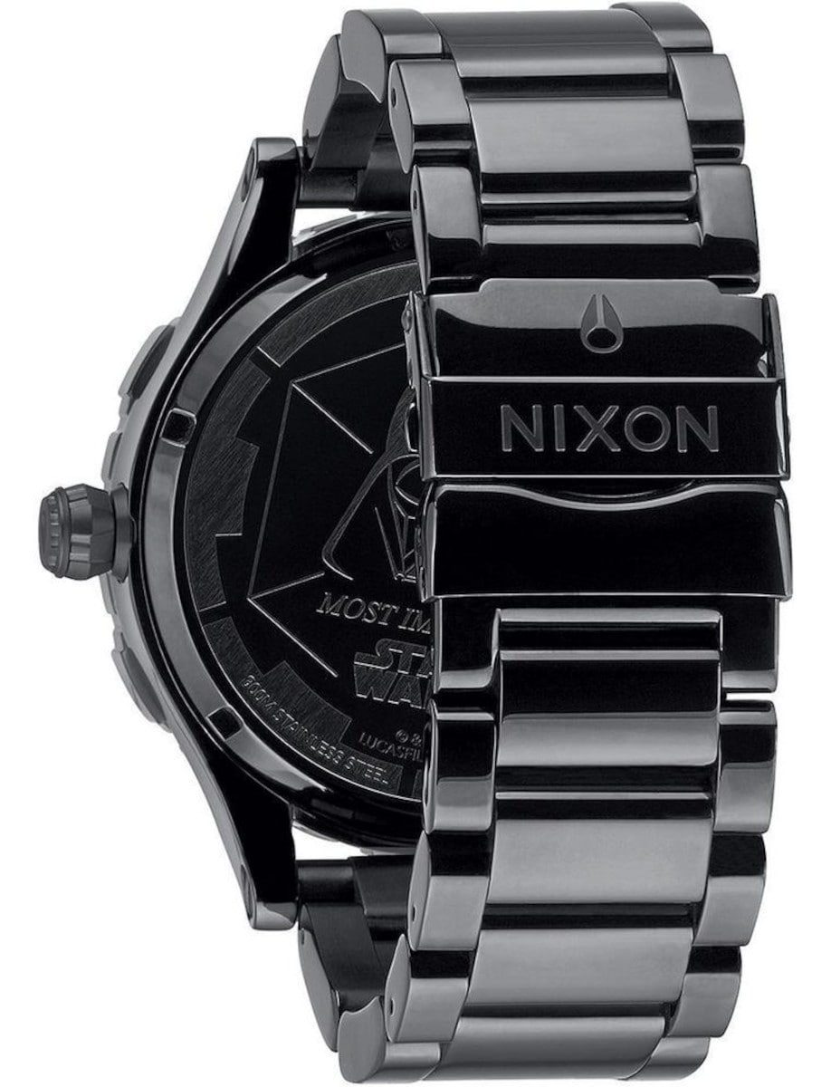 Back view of Nixon wristwatch featured in black PVD stainless steel, quartz movement, black dial, black PVD stainless steel bracelet.