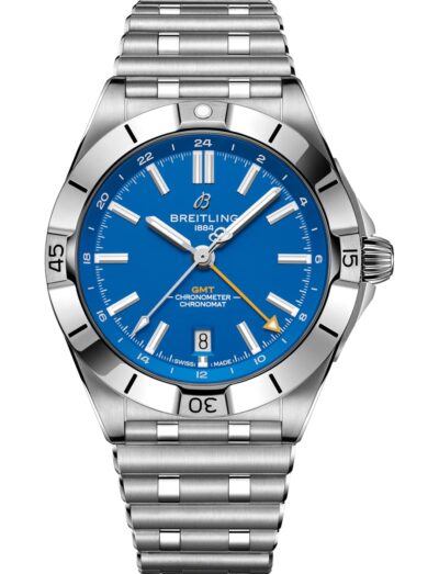 Breitling wristwatch with stainless steel case and bracelet, and royal blue dial. | Feldmar Watch Co. Breitling wristwatch with stainless steel case and bracelet, and royal blue dial.