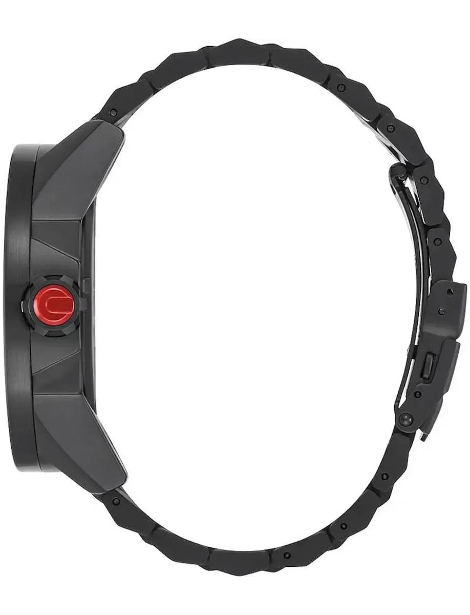 Side view of Nixon wristwatch featured in black PVD stainless steel case and bracelet.