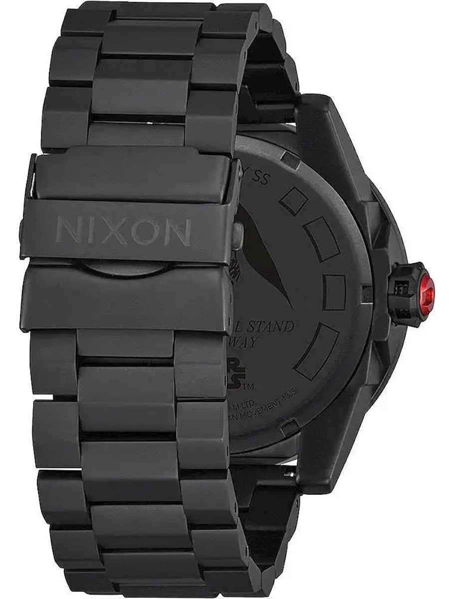 Back view of Nixon wristwatch featured in black PVD stainless steel case and bracelet.