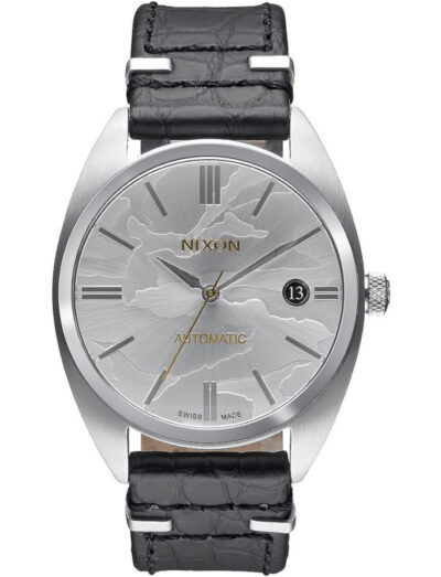 Nixon Supremacy wristwatch featured in stainless steel, automatic movement, silver dial, black alligator strap with stainless steel folding buckle. | Feldmar Watch Co. Nixon Supremacy wristwatch featured in stainless steel, automatic movement, silver dial, black alligator strap with stainless steel folding buckle.