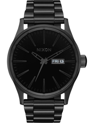 Nixon wristwatch with stainless steel case and bracelet, and a black dial.