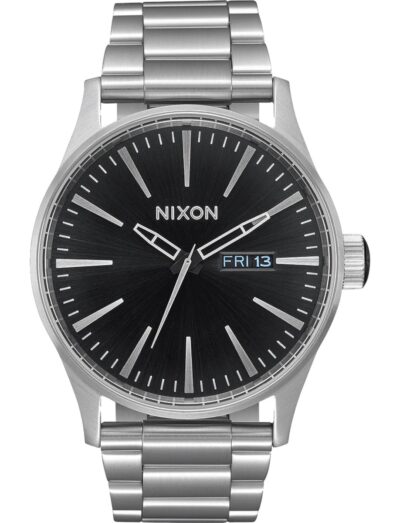 Nixon wristwatch with stainless steel case and bracelet, and a black dial.