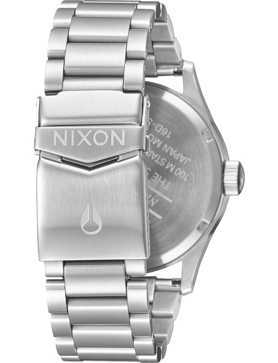 Back of Nixon wristwatch with stainless steel case and bracelet, and a black dial.