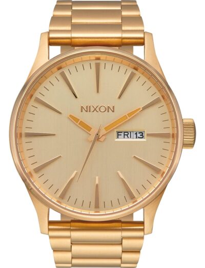 Nixon wristwatch with stainless steel case and bracelet, and cream dial.