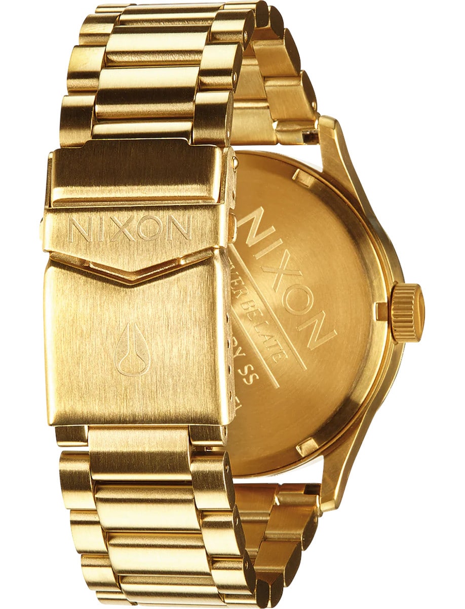 Back view of Nixon wristwatch with stainless steel case and bracelet.