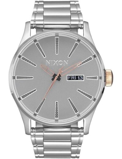 Nixon wristwatch featured in stainless steel, quartz movement, silver dial, stainless steel bracelet. | Feldmar Watch Co. Nixon wristwatch featured in stainless steel, quartz movement, silver dial, stainless steel bracelet.