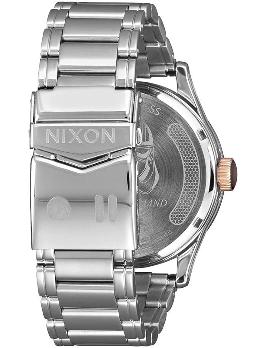 Back view of Nixon wristwatch featured in stainless steel, quartz movement, stainless steel bracelet.