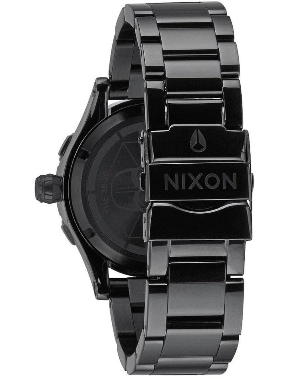 Back view of Nixon wristwatch featured in black PVD stainless steel and bracelet.