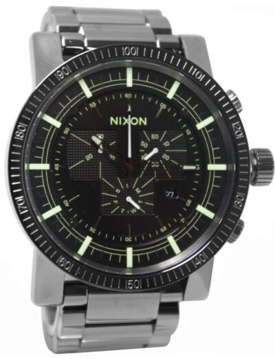 Nixon Magnacon wristwatch featured in black PVD stainless steel, quartz chronograph movement, black dial, black PVD stainless steel bracelet.