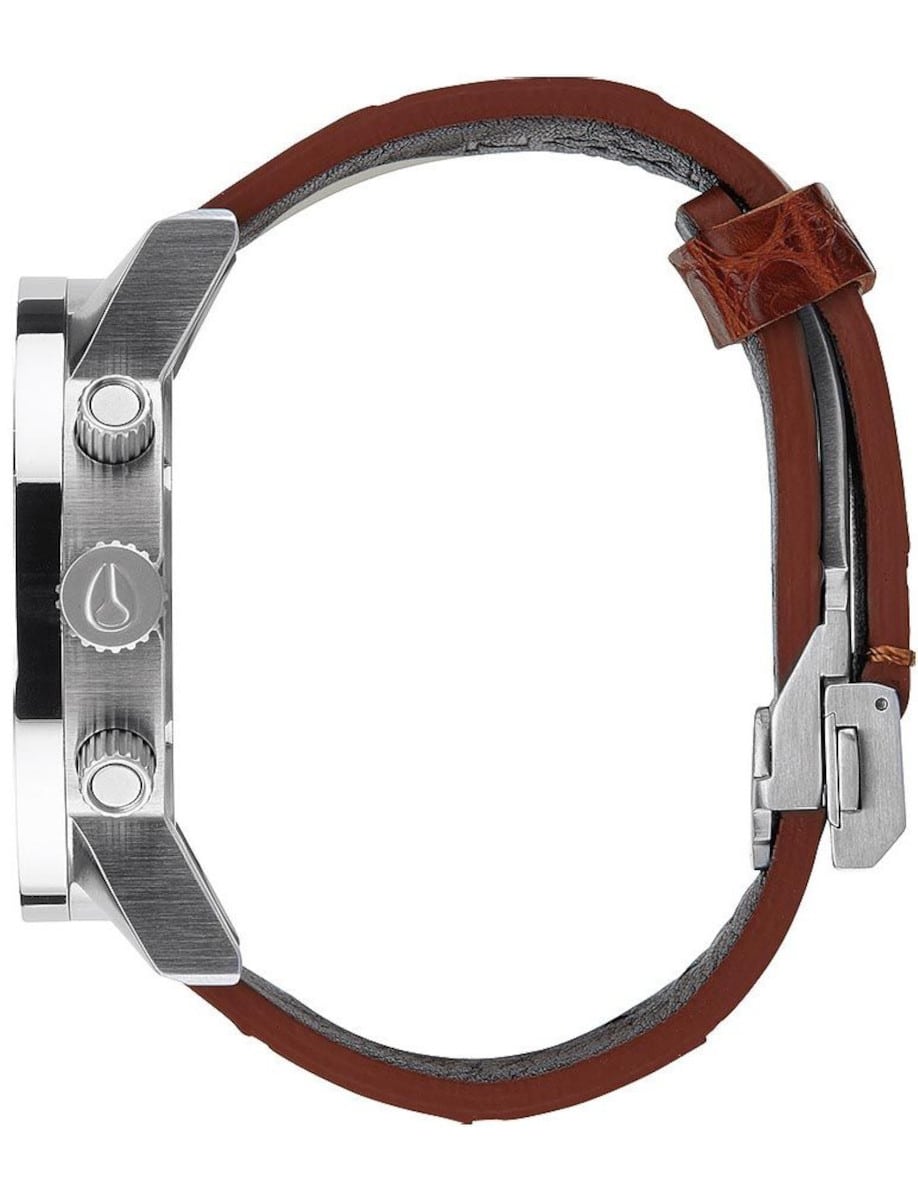 Side view of Nixon wristwatch with stainless steel case, and a brown leather strap