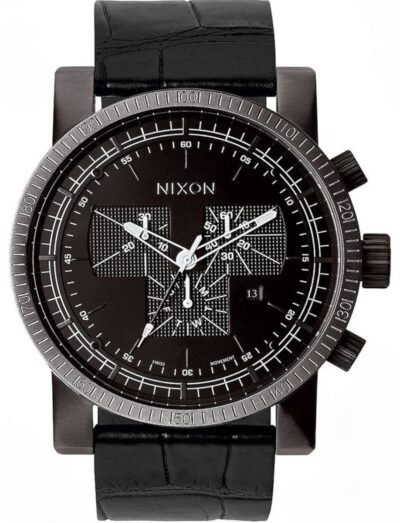 Nixon wristwatch with black stainless steel case, black dial, and a black leather strap