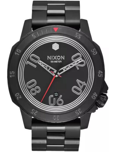 Nixon wristwatch featured in black PVD stainless steel, quartz movement, black dial, black PVD stainless steel bracelet.