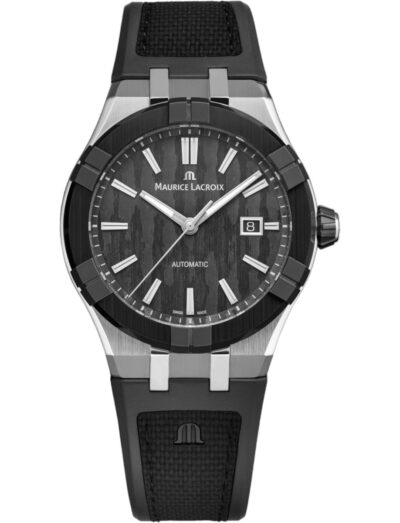 Maurice Lacroix wristwatch with technical ceramic case, bi-rubber strap, and a black dial.