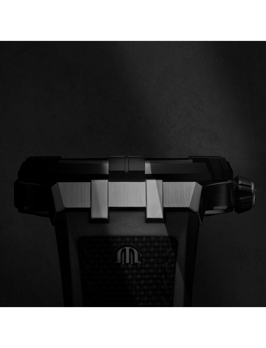 Side view of Maurice Lacroix wristwatch with technical ceramic case and bi-rubber strap
