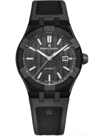 Maurice Lacroix wristwatch with titanium case, bi-rubber strap, and a black dial.