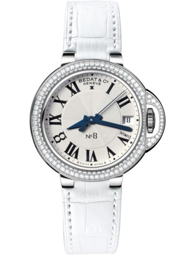 Bedat & Co. No 8 wristwatch featured in stainless steel diamond set bezel, automatic movement, silver dial, white alligator strap with stainless steel folding buckle.