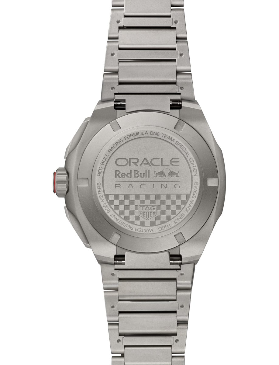Back view of Tag Heuer wristwatch with titanium case and bracelet.