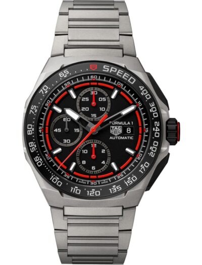 Tag Heuer wristwatch with titanium case and bracelet, and a black and red dial.