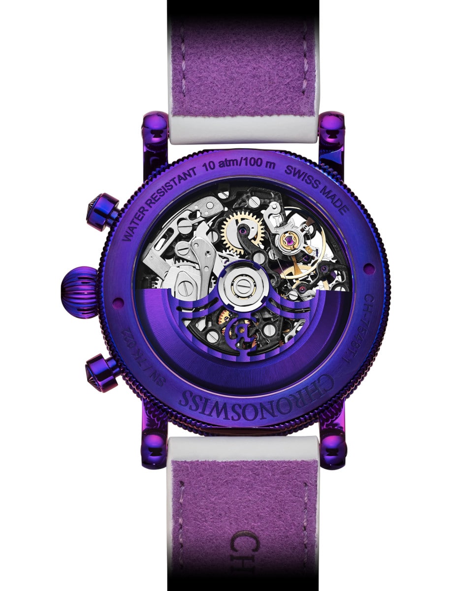 Back view of Chronoswiss wristwatch with Grade 5 Titanium with purple CVD coating, transparent caseback, and white UV-reactive leather strap