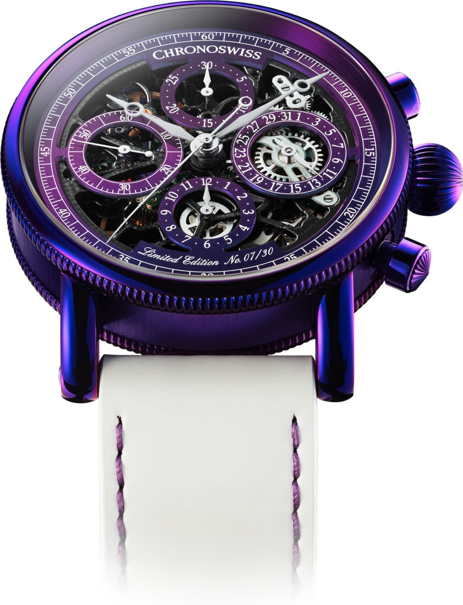 Side view of Chronoswiss wristwatch with Grade 5 Titanium with purple CVD coating, skeletonized dial, and white UV-reactive leather strap