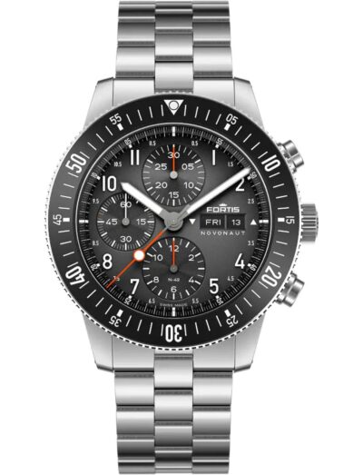 A wristwatch with a recycled stainless steel case and bracelet, and a matte black dial. | Feldmar Watch Co. A wristwatch with a recycled stainless steel case and bracelet, and a matte black dial.