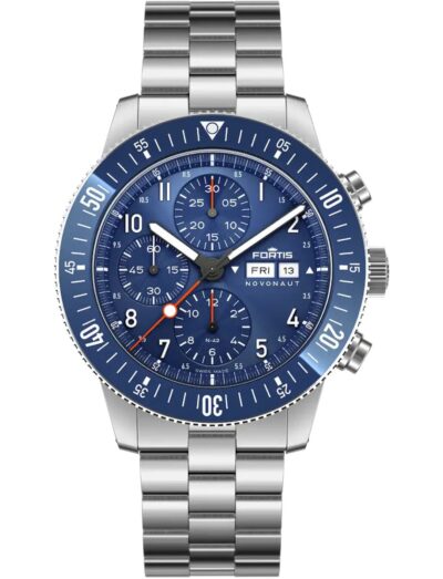 A wristwatch with a recycled stainless steel case and bracelet, and a blue dial. | Feldmar Watch Co. A wristwatch with a recycled stainless steel case and bracelet, and a blue dial.