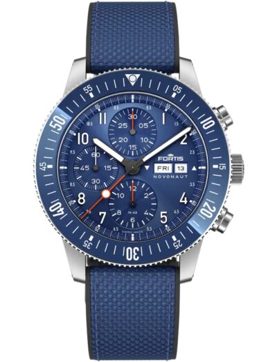 A wristwatch with a recycled stainless steel case, a blue dial, and a hybrid textile strap. | Feldmar Watch Co. A wristwatch with a recycled stainless steel case, a blue dial, and a hybrid textile strap.