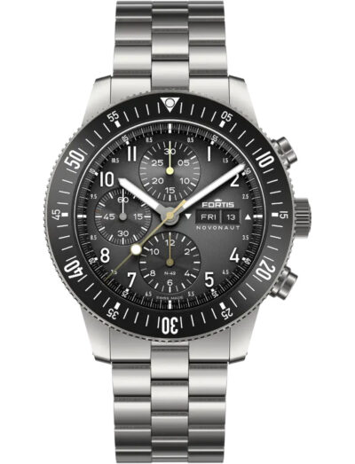 A wristwatch with a titanium case and bracelet, and a black matte dial.