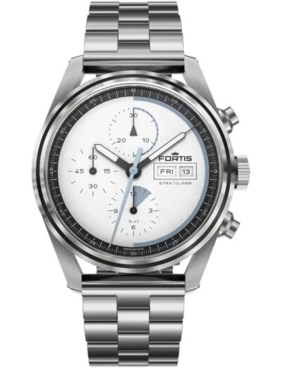 Fortis wristwatch with a recycled stainless steel case and bracelet, featuring a White Stardust dial with blue Superluminova® X1 space-travel markings.