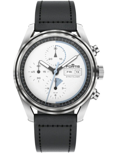Fortis wristwatch with recycled stainless steel case, a white dial and an aviator strap.