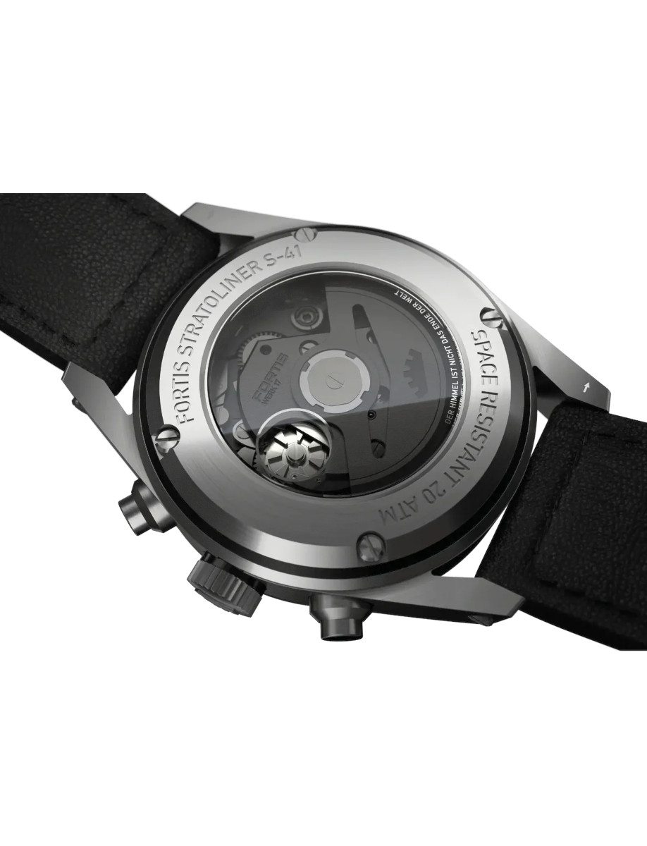 Back view Fortis wristwatch with recycled stainless steel case, and a sapphire crystal case back