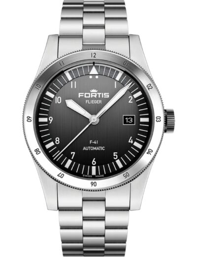 A wristwatch with a recycled stainless steel case, a vertically brushed black dial, and a recycled stainless steel bracelet.