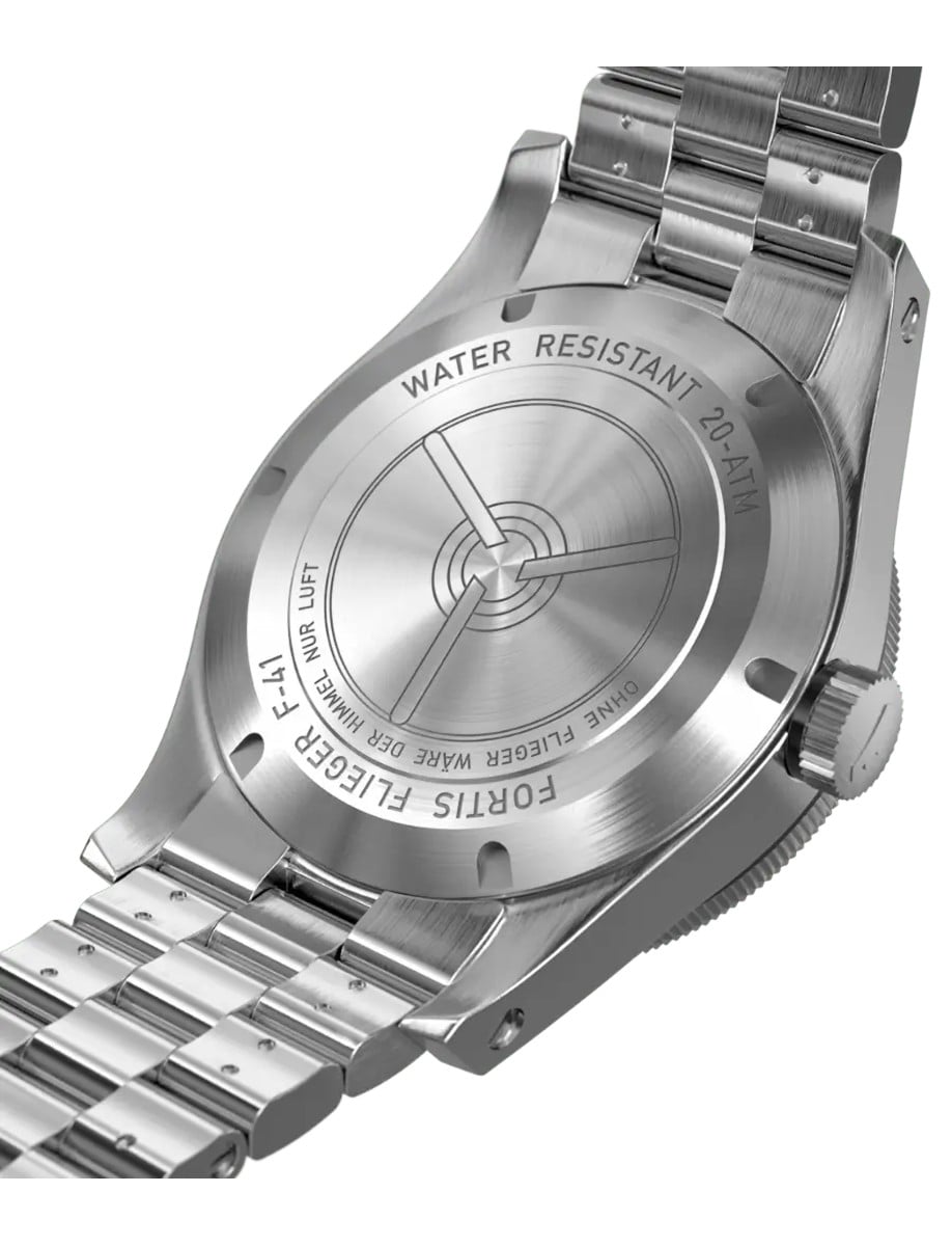 Back view of a recycled stainless steel wristwatch with ultra-engraving on the case back.