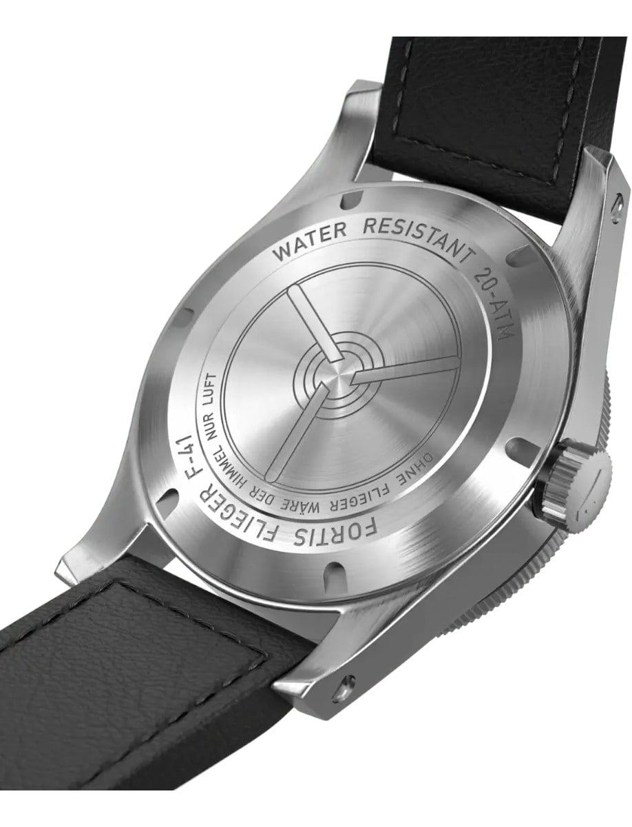 Back view of a wristwatch with a recycled stainless steel case and a cowhide leather strap.