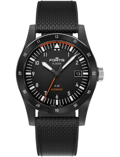 A wristwatch with a recycled stainless steel case coated in black DLC, a matte black dial, and a hybrid rubber/textile fabric strap.