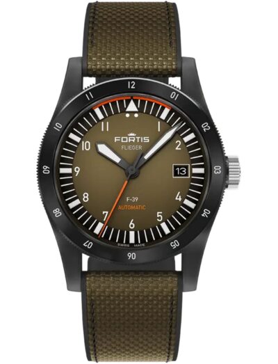 A wristwatch with a recycled stainless steel case, a matte green dial, and a hybrid rubber/textile strap.