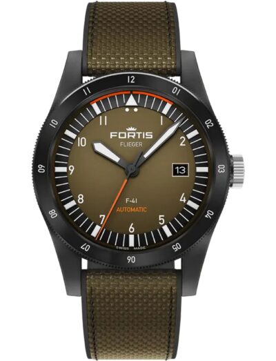 A wristwatch with a recycled stainless steel case coated in black DLC, a matte green dial, and a hybrid rubber/textile fabric strap.