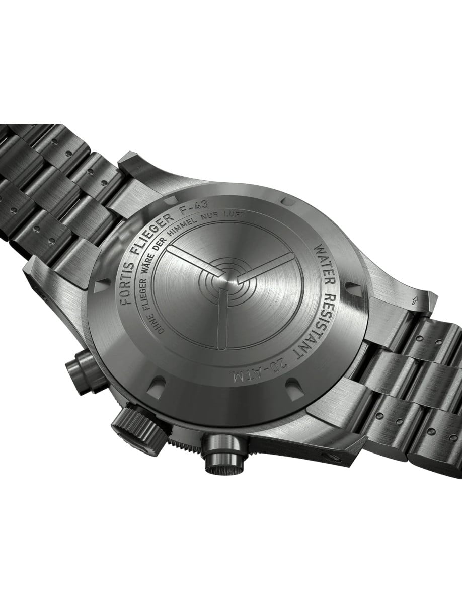 Back view of a Fortis wristwatch with a recycled stainless steel case and bracelet