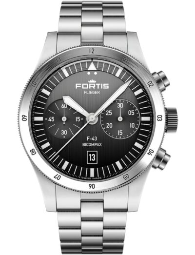 Fortis wristwatch with recycled stainless steel case and bracelet, and a black dial.