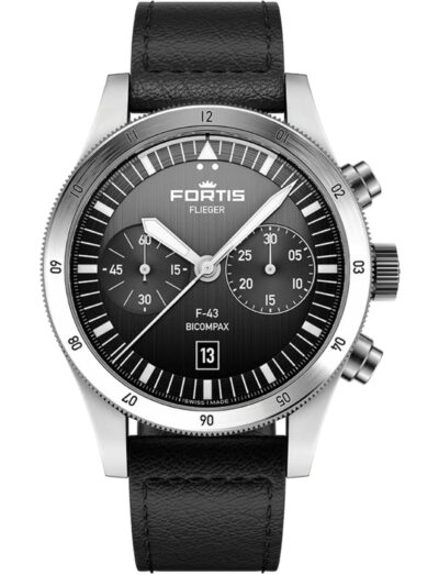 Fortis wristwatch with recycled stainless steel, vertically brushed black dial and cowhide leather strap