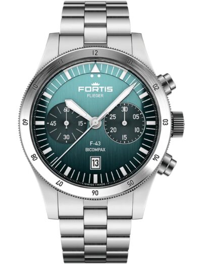 Fortis wristwatch with recycled stainless steel case and bracelet and vertically brushed petrol dial