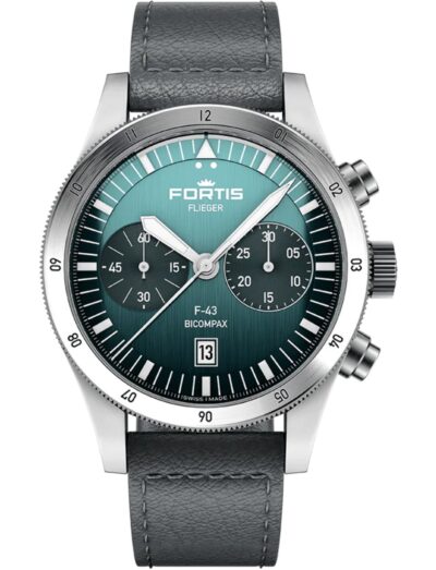 Fortis wristwatch with recycled stainless steel case, vertically brushed petrol dial and cowhide leather strap