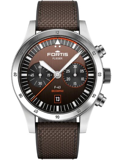 A wristwatch with a recycled stainless steel case, a vertically brushed brown dial, and a hybrid strap.