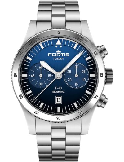 Fortis wristwatch with recycled stainless steel case and bracelet, and vertically brushed blue dial