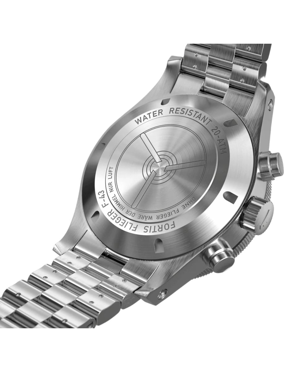 Back view of Fortis wristwatch with recycled stainless steel case and bracelet